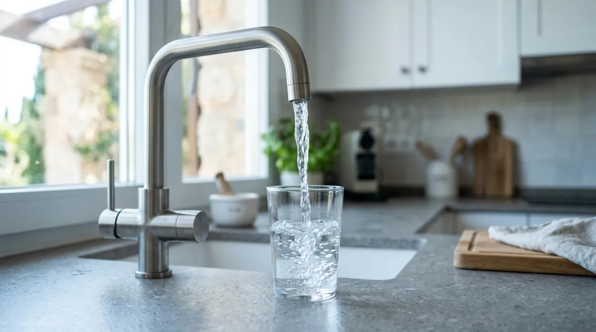 Vaso de agua llenándose en el grifo de una cocina, con luz natural de una ventana al fondo