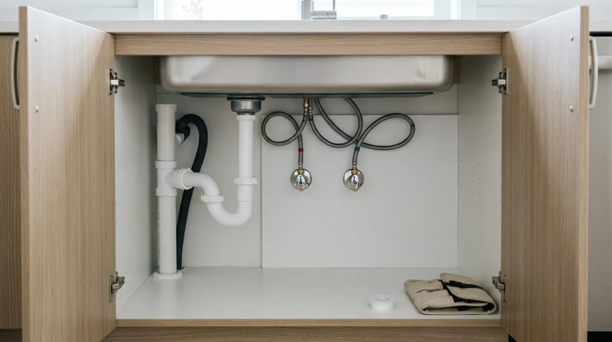 Interior de un mueble bajo fregadero con las tomas de agua y el desagüe a la vista, preparado para una instalación