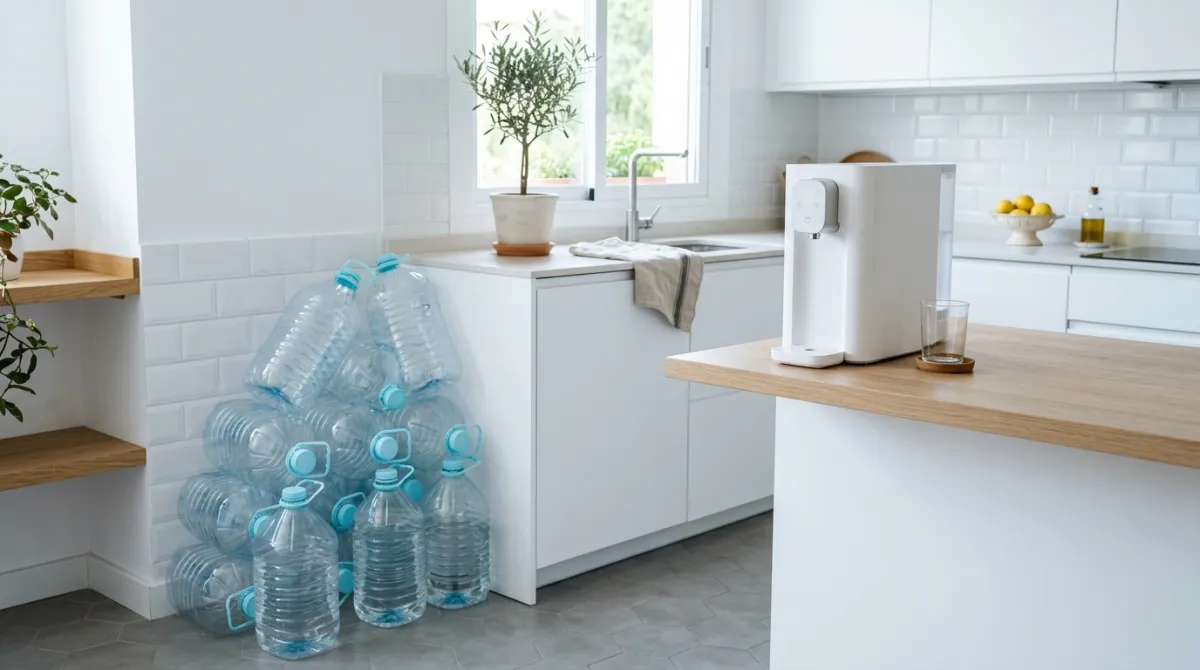 Cocina doméstica con garrafas de agua apiladas en un rincón junto a una fuente de agua moderna